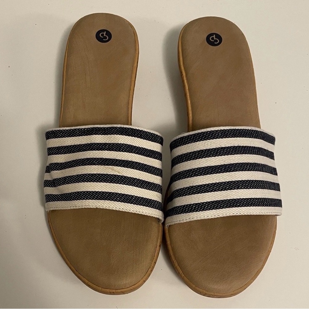Dress Barn-Woman’s Sandal Slide Navy Blue White Stripes Slip On Sz 7.5